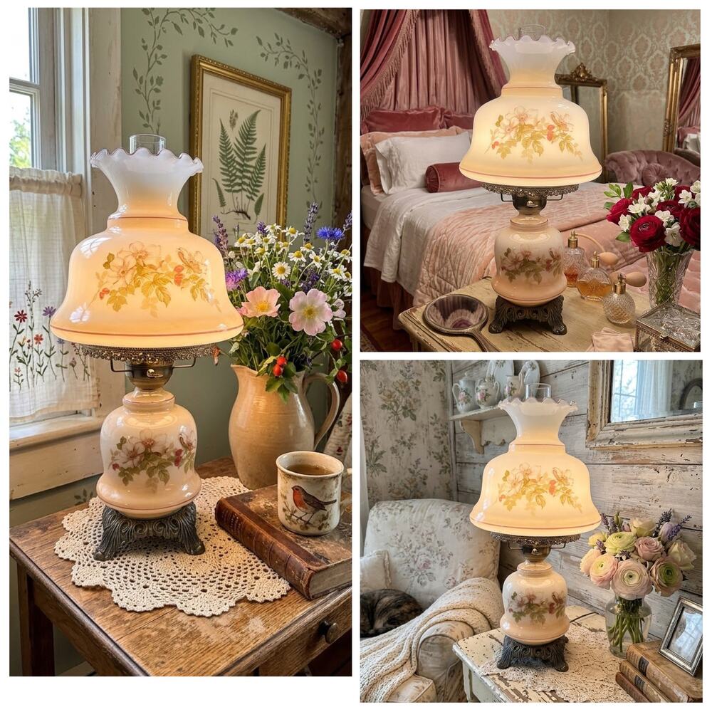 milk glass hurricane table lamp hand-painted floral wildflower ruffled shade